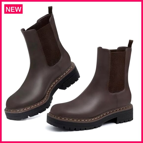 Leather Chelsea Ankle Boots Platform Slip On Chunky Heel Lug Sole - Picture 6 of 8